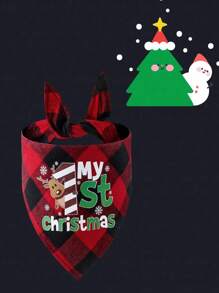 1 件寵物頭巾項圈,聖誕主題格子,卡通馴鹿,聖誕老人,雪人印花狗圍巾,單層狗圍巾,寵物配件,寵物口水圍脖 - 紅色 - 查看 1