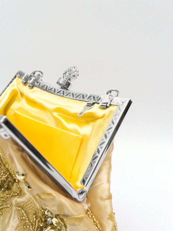 1 pezzo Pochette dorato con strass decorato stile vintage sera con con perline con ricamo e diamante taglio motivo floreale , perfetto per festa , matrimonio O assembramento