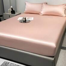 1pc Solid Color Sky Blue Satin Fitted Sheet - Dusty Pink - View 2