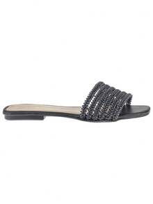 Sandália Feminino Rasteira Bico Quadrado Confortável Moda Tiras - Preto - Visão 2