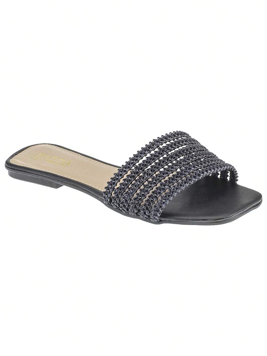 Sandália Feminino Rasteira Bico Quadrado Confortável Moda Tiras - Preto - Visão 1