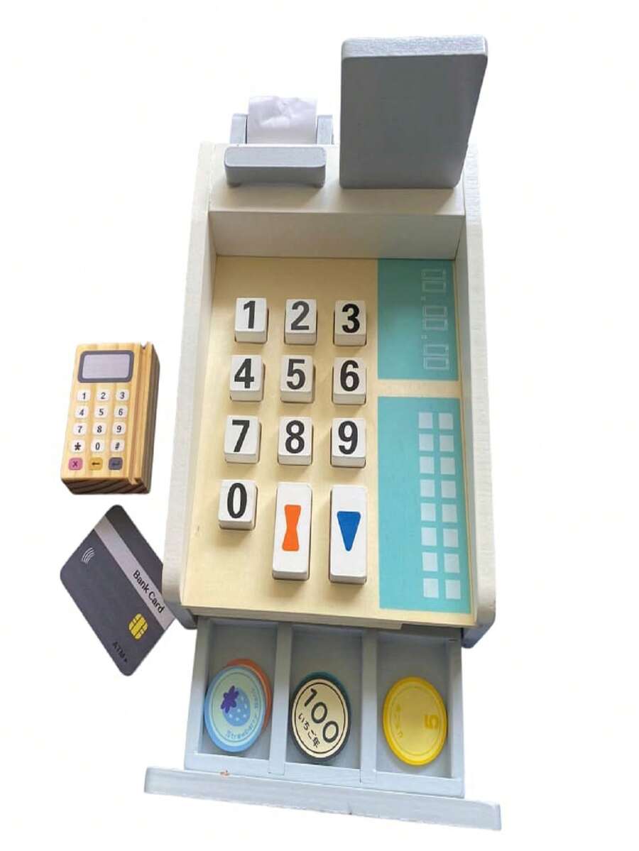 Caja registradora de madera. Sumar, restar, comprar, vender, todo mientras juegan.