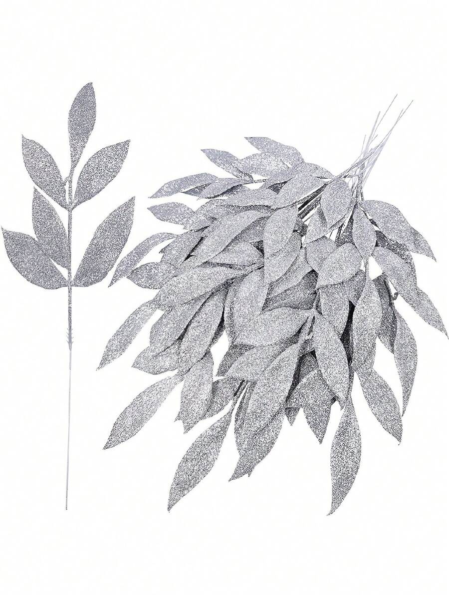 10 件 - 带叶子的人造闪光植物,可爱的人造花圣诞树装饰饰品,适用于客厅和卧室花瓶插花、婚礼、派对、家居装饰、办公桌装饰。万圣节装饰、感恩节圣诞用品、家居装饰、餐桌装饰、圣诞装饰、房间装饰、圣诞装饰品 - 銀色 - 查看 1