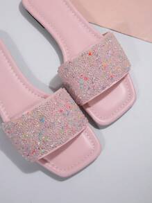 Sandalias planas con decoración de rhinestone rosado para mujer, sandalias casuales de plástico tipo chanclas con punta abierta para uso en exteriores en San Valentín - Rosa - Ver 6