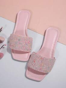 Sandalias planas con decoración de rhinestone rosado para mujer, sandalias casuales de plástico tipo chanclas con punta abierta para uso en exteriores en San Valentín - Rosa - Ver 2
