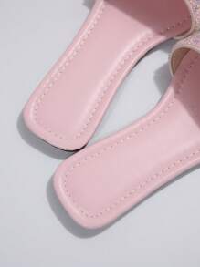 Sandalias planas con decoración de rhinestone rosado para mujer, sandalias casuales de plástico tipo chanclas con punta abierta para uso en exteriores en San Valentín - Rosa - Ver 7