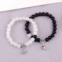 2pcs/set Couple Magnetic Heart Charm Beaded Bracelet - Multicolor - View 2