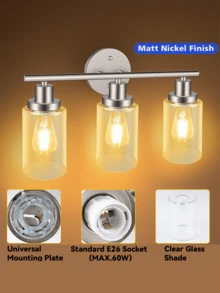 110v-130v 3 燈梳妝檯燈、霧面鎳壁燈附透明玻璃、浴室燈具、鏡子壁燈、客廳、臥室、走廊、e26 底座(不含燈泡)