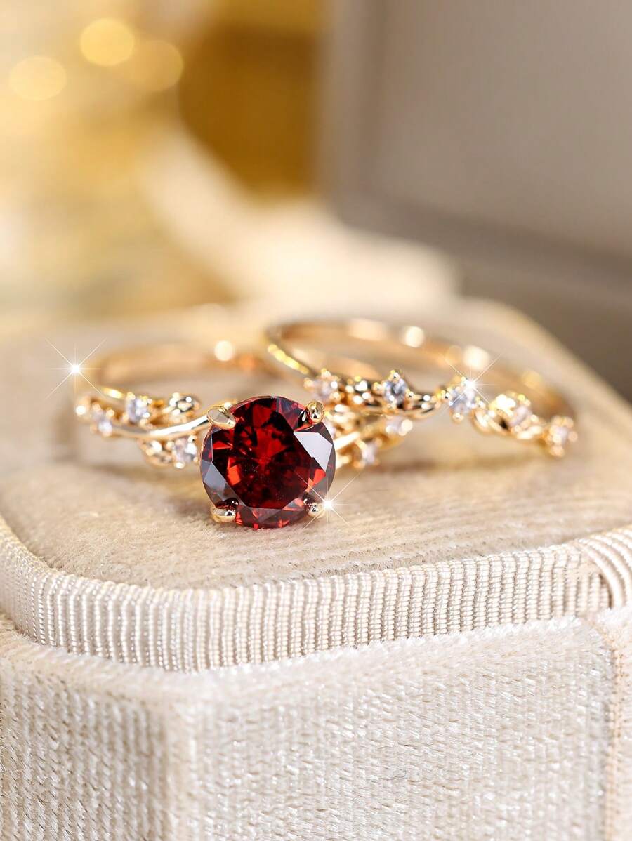 Vanel 2入組優雅的鉗口設置清晰的立方氧化鋯藤蔓枝形環形戒指,適合婚禮和派對 - 紅色 - 查看 1