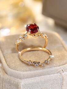 Vanel 2入組優雅的鉗口設置清晰的立方氧化鋯藤蔓枝形環形戒指,適合婚禮和派對 - 紅色 - 查看 2