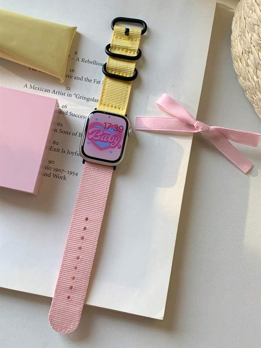 1 Dây đeo thể thao & thông thường bằng vải canvas đáng yêu tương thích với Apple Watch, dành cho nữ - hồng và vàng - Xem 1