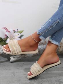 新款夏季露趾平底凉鞋，女士时尚流苏一脚蹬拖鞋，舒适沙滩居家休闲拖鞋 - 米色 - 查看 2