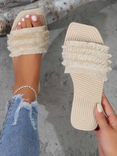 New Summer Open Toe Flat Sandals,Women's Fashion Tassel Slip-On Slippers,Comfortable Beach Home Casual Slides
