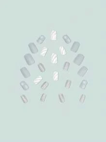 24入組中長方形和C型雪花全覆蓋假指甲，升級款灰色哑光、閃爍白色、簡約線條，適合派對、跳舞和日常穿戴，貼上指甲修飾工具 - 彩色 - 查看 6