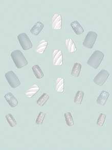 24入組中長方形和C型雪花全覆蓋假指甲，升級款灰色哑光、閃爍白色、簡約線條，適合派對、跳舞和日常穿戴，貼上指甲修飾工具 - 彩色 - 查看 3
