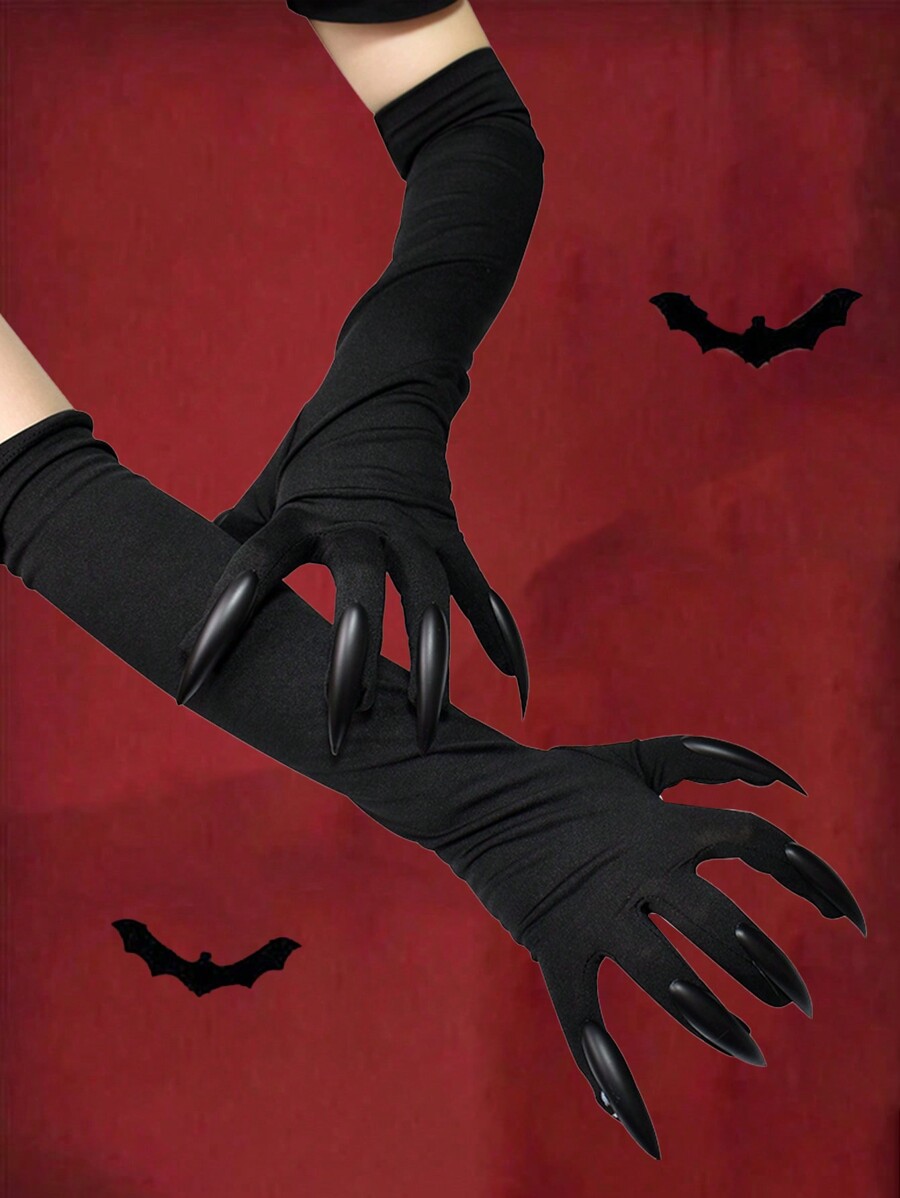 1pair Black Halloween Long Nail Ghost Hand Gloves, Cosplay Prop Accessories Claw Hand Gloves For