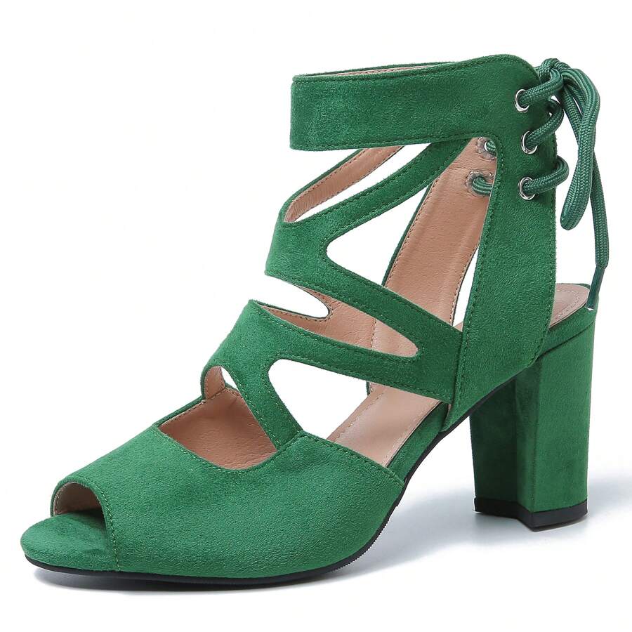 Womens Chunky Strappy Sandal Lace Up Hollow Out High Heeled Gladiator Sandals - màu xanh lá - Xem 1