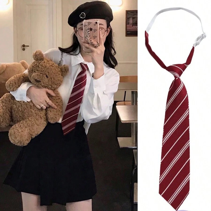 1條女士領帶,韓日領帶風格,防滑休閒校服配件 - 紅色 - 查看 1
