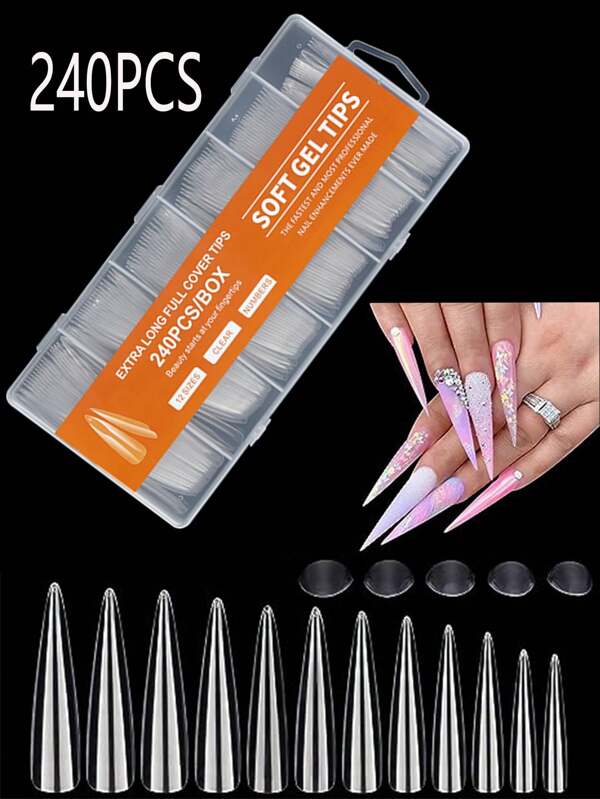 240Pcs Long Stiletto Acrylic Fake Nail Tips Set, 12 Sizes Full Cover Clear Artificial False Nail Tips Kit Press On Nails, French Nail Extension Nail Tips Kit For DIY Nails Hose Press-On Nails Artificial Press-On Nails Nail Supplies