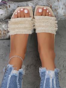 新款夏季露趾平底凉鞋，女士时尚流苏一脚蹬拖鞋，舒适沙滩居家休闲拖鞋 - 米色 - 查看 4