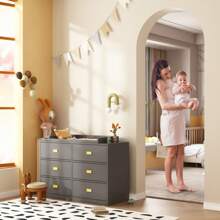 Large Modern Wood Nursery Storage Dresser Chest with Wide Table Top & 6 Drawers, Wide Storage Space Functional Organizer