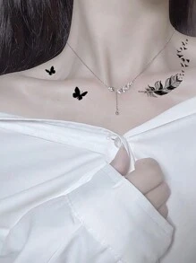 (One Sheet) Butterfly & Flower Pattern Waterproof And Long-Lasting Temporary Tattoo Sticker, Sexy Personalized Fake Tattoo For Women - Black - View 5