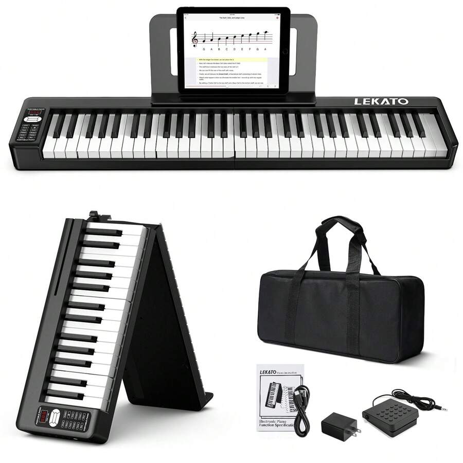 LEKATO 61 Key Folding Piano Keyboard, Semi-Weighted Keys Portable Electric Piano With Music Rest, Travel Bag, Piano Pedal, Bluetooth MIDI Amp For Beginner - 黑色 - 查看 1