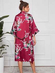 1pc Peacock Print Long Women's Bathrobe - Rose Red - View 3