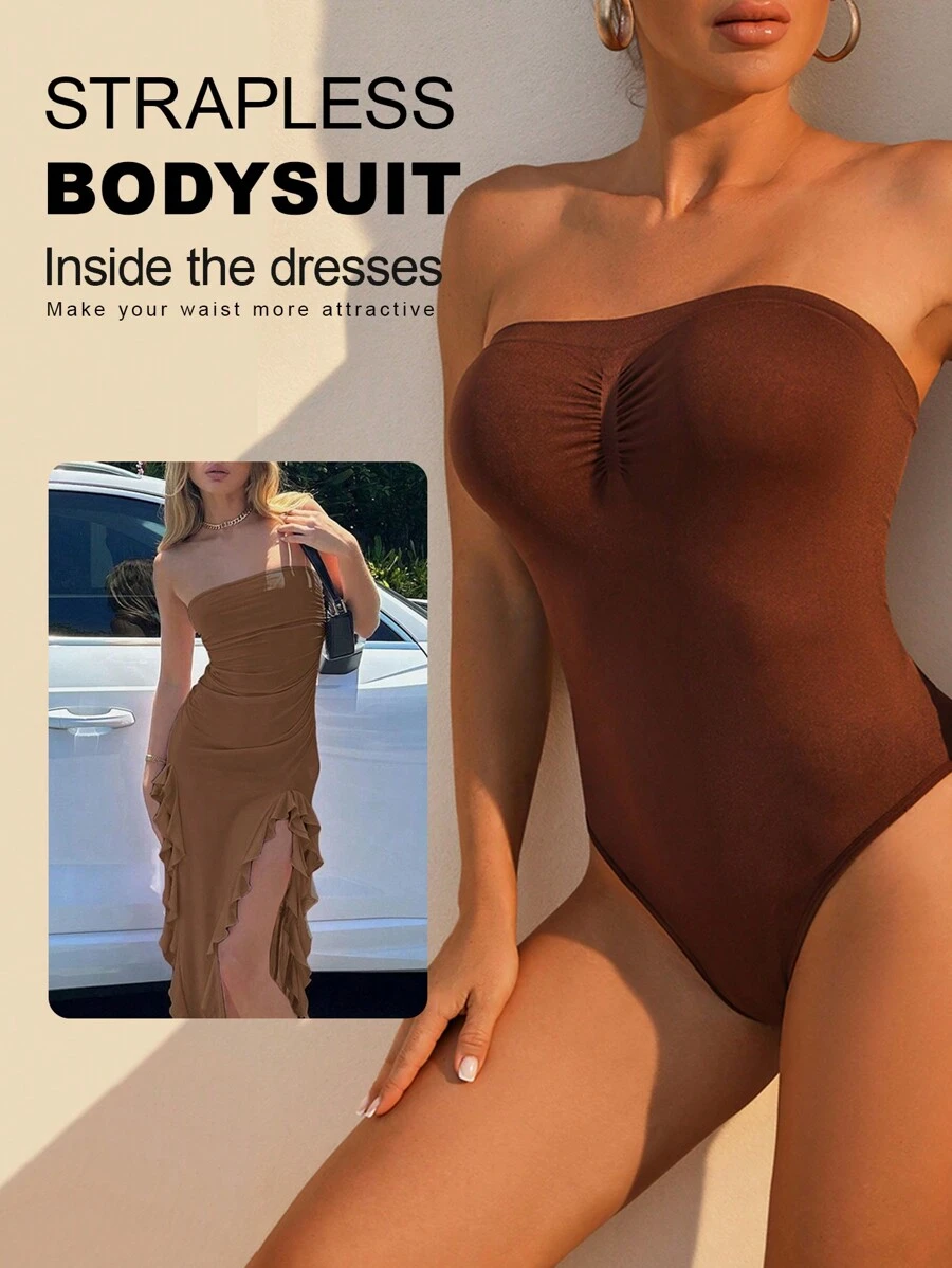 1件女士無肩帶塑身衣,帶腹部壓力調節 - 棕色 - 查看 1