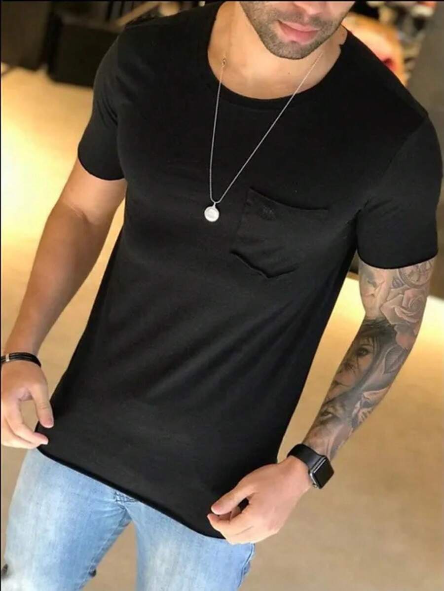 Camiseta Masculina Preta Slim Com Bolso Corte a Fio Mt - Preto - Visão 1