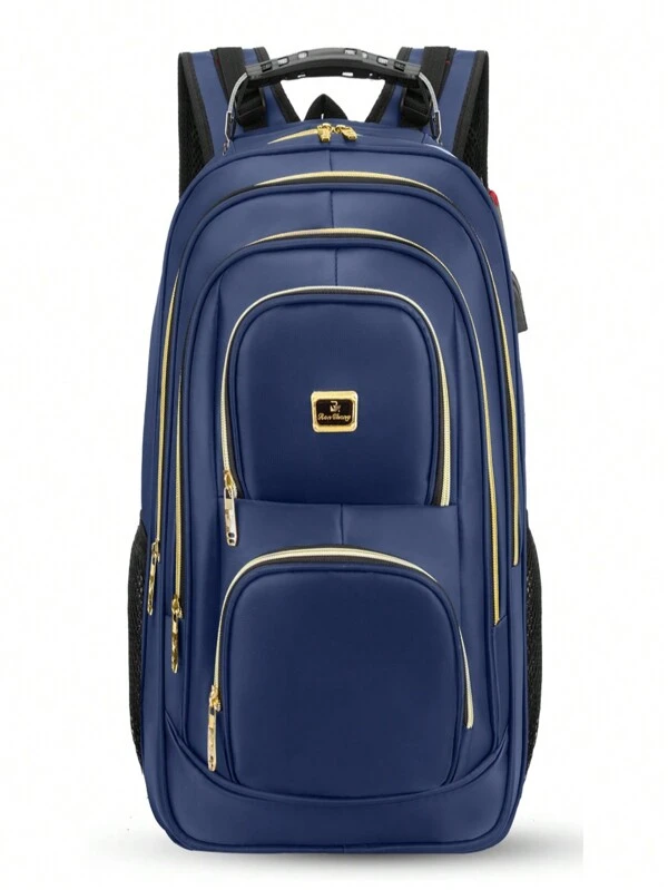 Mochila Escolar Resistente Espaçosa Faculdade Zíper Dourado Trabalho Viagem Cabo De Aço Usb/Fone Cadeado Antifurto