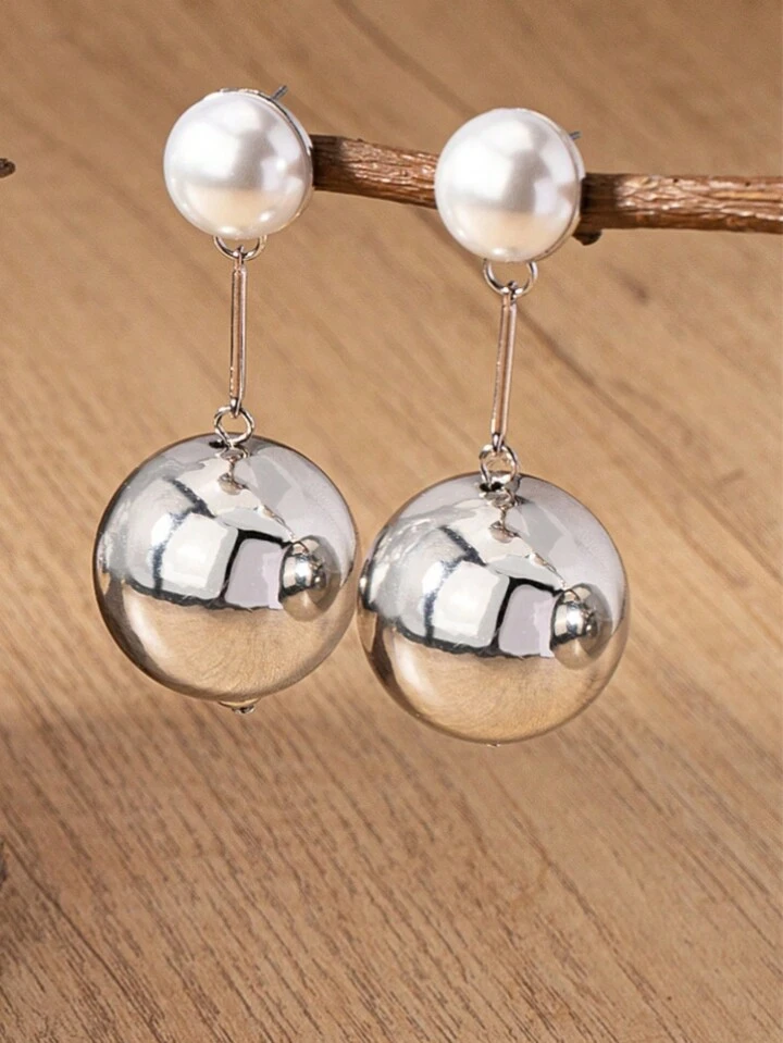 1pair Fashionable Personalized European Style Silver Tone Big Ball Drop Earrings SHEIN