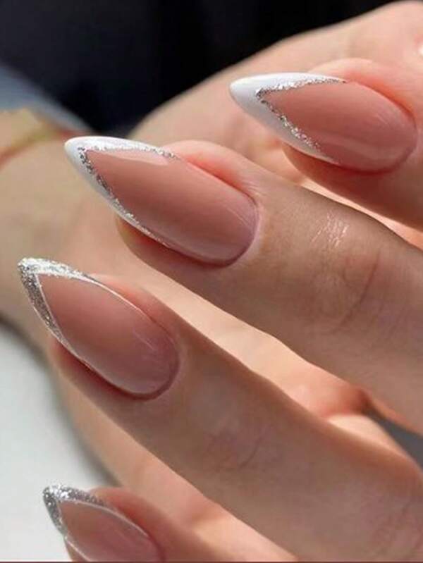 24 Peças/set Estilo Francês Cintilante Amêndoa Formato Médio-Longo Unhas Falsas para Dedos com Abas Adesivas. Conjunto de Unhas Postiças para Manicure