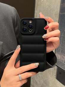 1pc Solid Colored Down Jacket Case Compatible With Apple Phone - Black - View 1