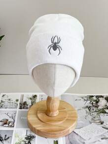 1件女士白色針織帽,具蜘蛛刺繡,可折邊,適合在寒冷天氣時日常休閑穿著 - 白色 - 查看 1