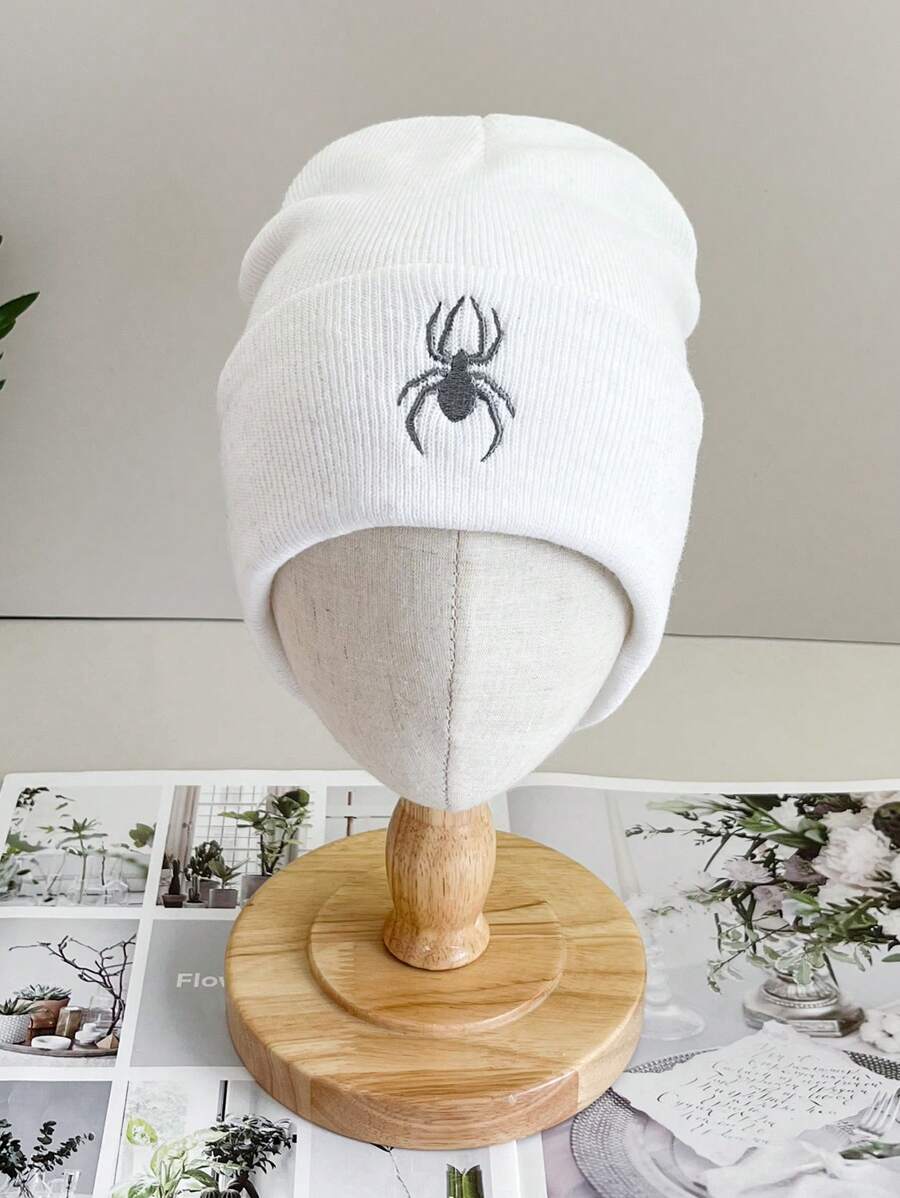 1件女士白色針織帽,具蜘蛛刺繡,可折邊,適合在寒冷天氣時日常休閑穿著 - 白色 - 查看 1