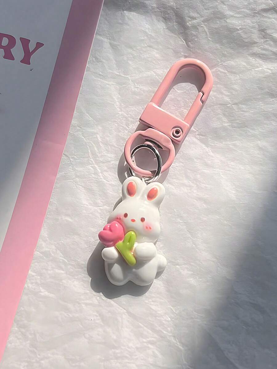 1 件裝可愛花朵設計兔子胡蘿蔔形狀鑰匙扣背包吊墜送給朋友的禮物 - 粉色 - 查看 1