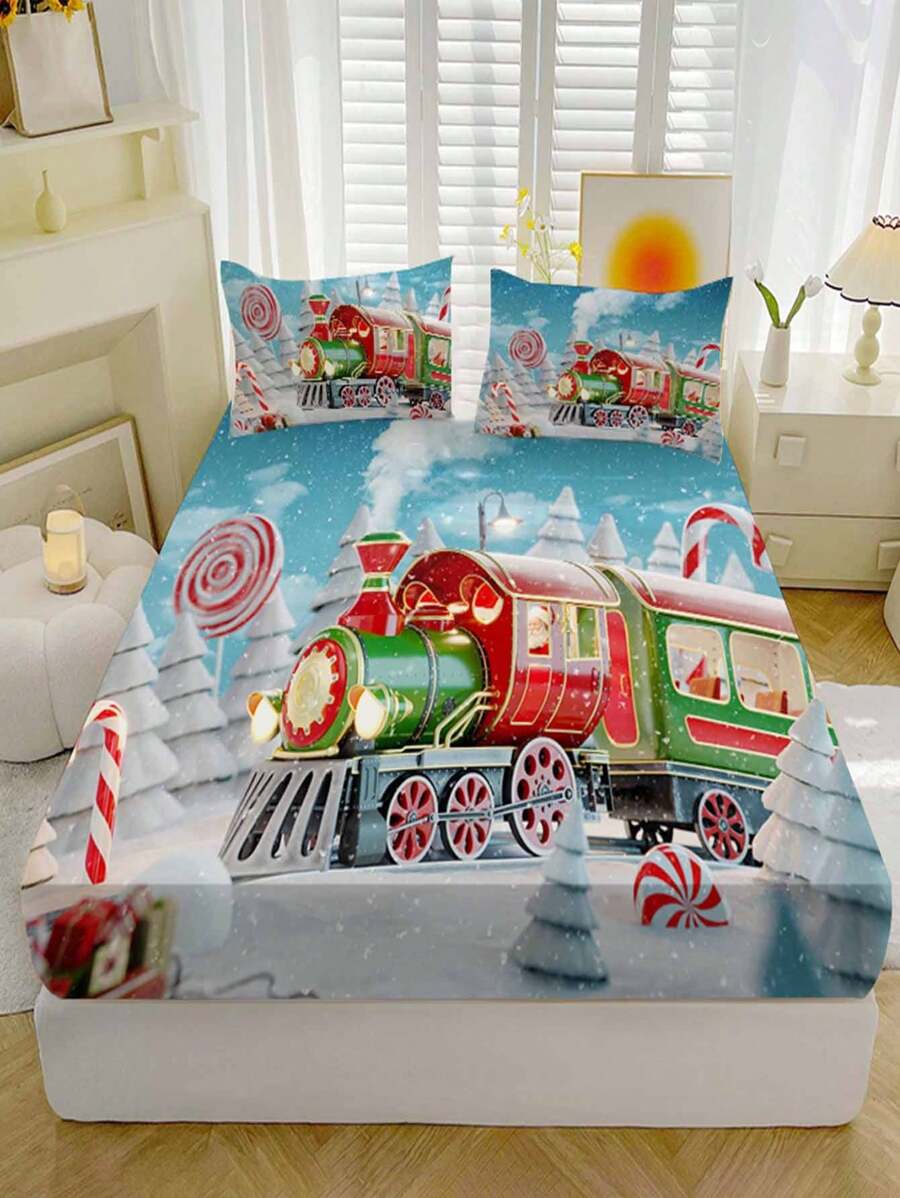 3pcs Christmas Little Train Duvet Cover Bedding Set - Red and White - View 1