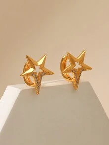 1入歐美風時尚個性化耳釘,星形和立方氧化鋯裝飾,適合女性日常穿戴 - 金黃色 - 查看 2