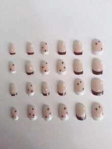 24 Unids/set De Uñas Postizas Cuadradas Cortas De Color Carne Y Caqui Con Diseño De Estrella Francesa, Incluyendo Pegamento De Gelatina, Una Lima De Uñas Y Un Palo - Multicolor - Ver 2