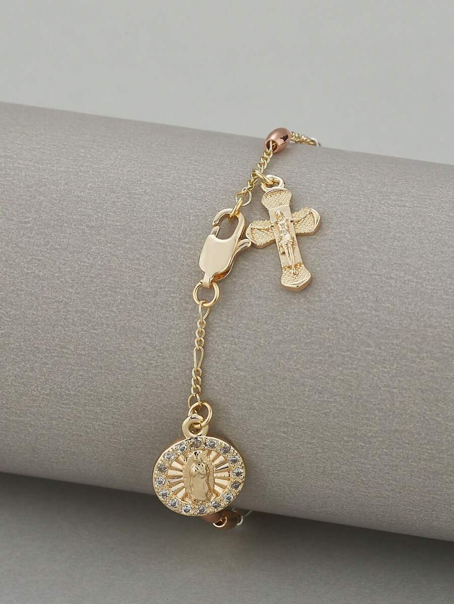Pulseira Rosário Decenario Com Contas Tricolor, Charme De Virgem Maria