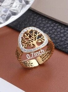 1入組時尚立方氧化鋯&金色不銹鋼圓環帶生命之樹設計-可調節圓環女性首飾類,多用途適用於每天穿戴 - 彩色 - 查看 4