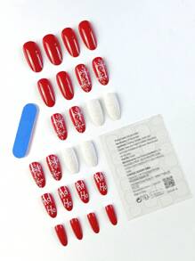 24入組聖誕風格時尚可愛的紅色橢圓形假指甲,純色和雪花設計,適用於派對、舞會和日常穿著的長按式假指甲 - 彩色 - 查看 2