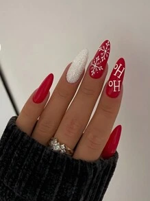 24入組聖誕風格時尚可愛的紅色橢圓形假指甲,純色和雪花設計,適用於派對、舞會和日常穿著的長按式假指甲 - 彩色 - 查看 1