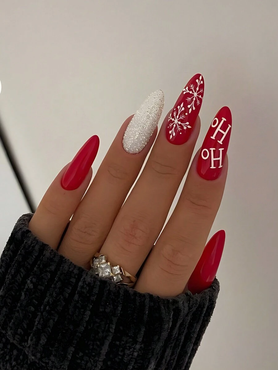 24入組聖誕風格時尚可愛的紅色橢圓形假指甲,純色和雪花設計,適用於派對、舞會和日常穿著的長按式假指甲 - 彩色 - 查看 1