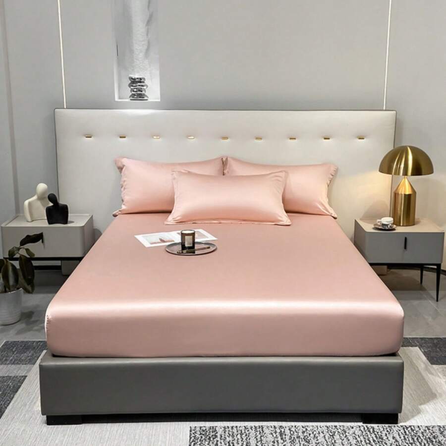 1pc Solid Color Sky Blue Satin Fitted Sheet - Dusty Pink - View 1