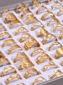 20pcs/set Exaggerated Geometric Hollow Out Stainless Steel Ring Set For Ladies' Party (random Styles And Sizes, No Box) - Yellow Gold - View 2