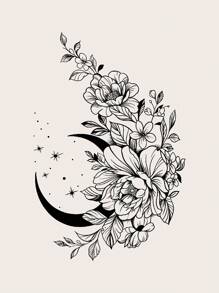 1 Pieza Tatuaje Temporal Realista Con Patrón De Media Luna Y Flores Para Brazo - Negro - Ver 1
