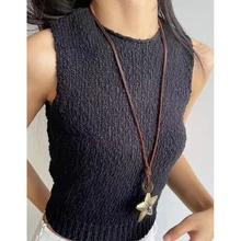 Vintage Pu Leather Rope Punk Star Shaped Long Pendant Necklace With Adjustable Chain - star leather rope - View 5