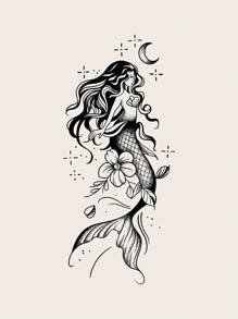 1 Pieza Tatuaje Temporal De Media Manga Realista De Sirena - Negro - Ver 1